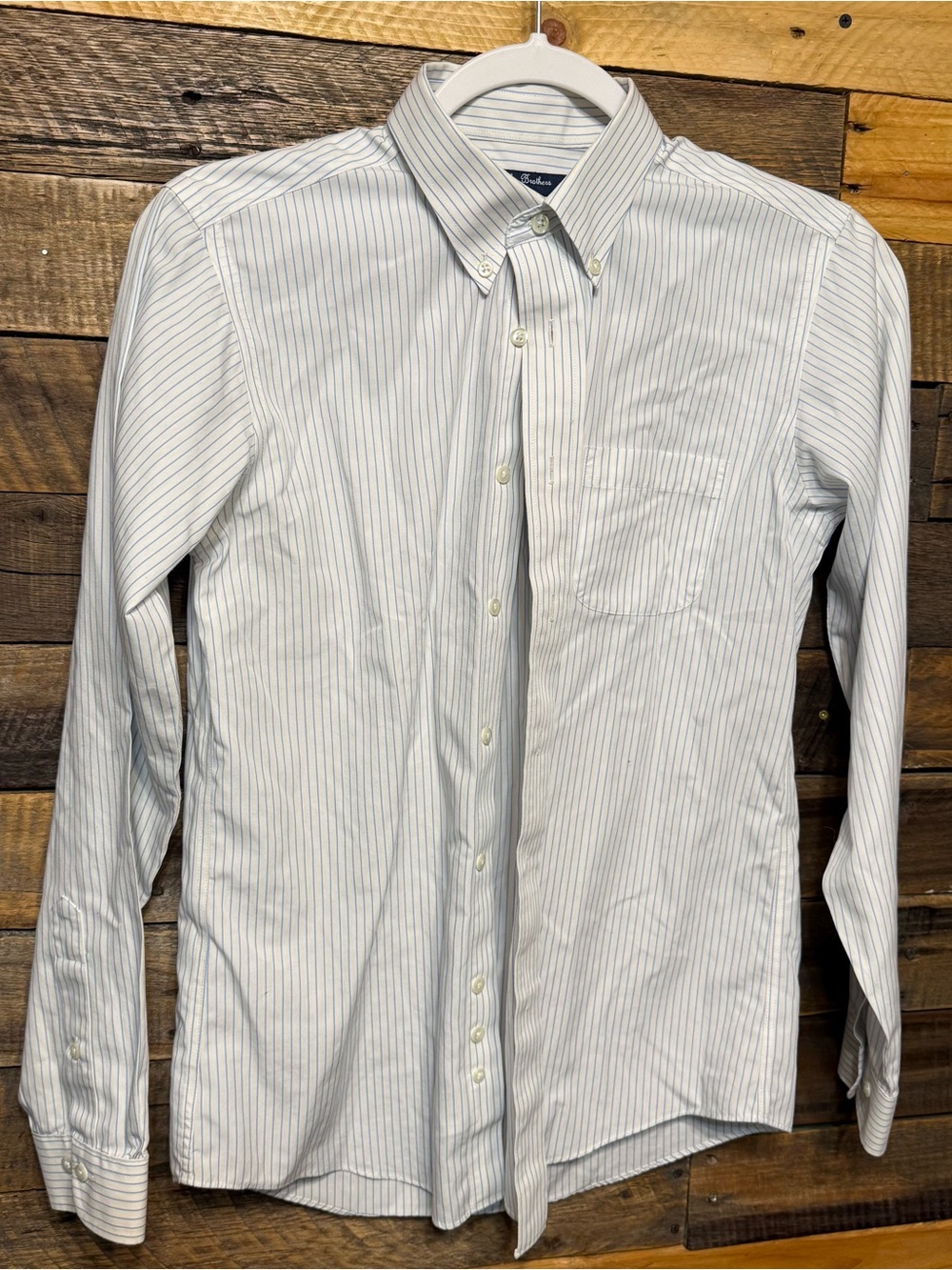 Brooks Brothers Boys Size 16 Blue Pin Striped White Non Iron Cotton Button Down
